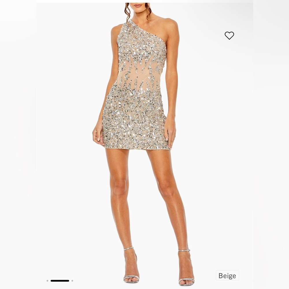 NWT! Mac Duggal Asymmetrical Sequin Beige Mini Dress size 0…